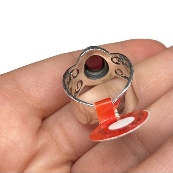 Garnet Ring Size 8 Solid 925 Sterling Silver Oval Cabochon Red Boho Jewelry - Picture 9 of 13